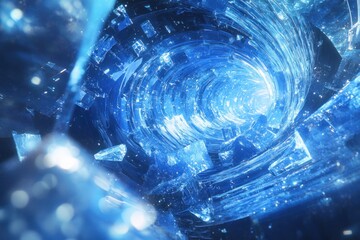 Poster - A pane of broken glass radiates a stunning blue glow, creating an intriguing atmosphere in a high tech environment