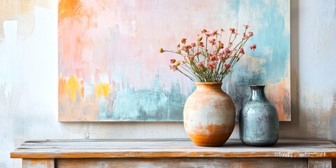 Poster - A beautiful still life featuring soft hues and elegant vases. This artwork captures a serene feel with floral accents and a stylish background. Perfect for home decor. AI