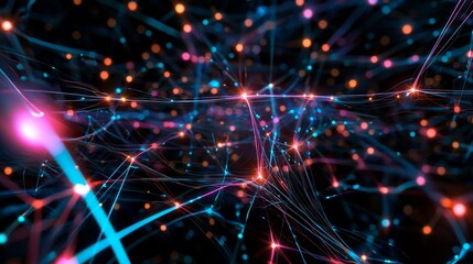 Poster - Glowing ascending lines against an abstract futuristic neon background in a 3D render