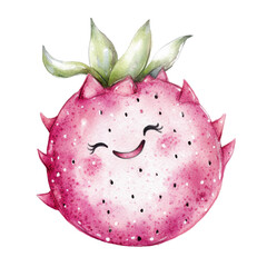 Wall Mural - Whimsical smiling pink fruit with green leaves watercolor illustration isolated png