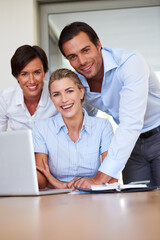 Aufkleber - Business people, team and smile with laptop in portrait with synergy, solidarity and excited for project. Group, man and women with computer, happy and planning at insurance agency in New Zealand