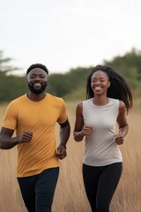 Poster - A man and woman are running in a field. The man is wearing a yellow shirt and the woman is wearing a gray tank top. They are both smiling and enjoying their run