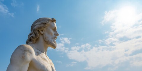 A statue of Jesus with a beard and a beard. The sky is blue and clear. The statue is in front of a cloud