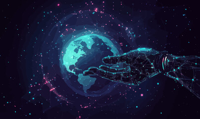 Poster - ai-driven global network: robotic hand interacting with digital earth in cyber space