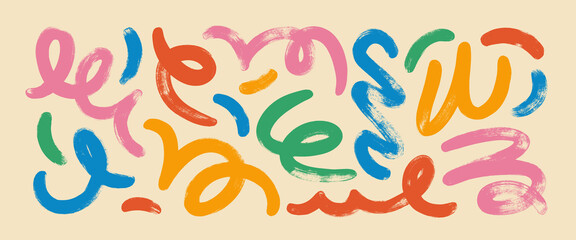 Poster - Funky colorful doodle lines, spirals and swirls. Brush drawn vector squiggles for collage and graphic design. Creative abstract grunge brush strokes. Thick calligraphy modern vector smears.