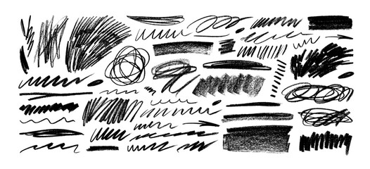 Aufkleber - Black charcoal pencil curly lines, scribbles and scrawls. Crayon drawn lines and scribbles. Doodle elements.