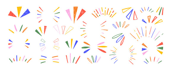 colorful crayon drawn attention symbols, doodle expression signs, simple sketch line emphasis. doodl
