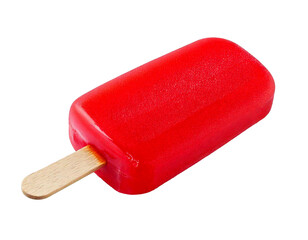 Red Popsicle ice cream, realistic style, vibrant colors, icy texture, frozen treat, bright red, summer dessert, sweet, cold, isolated on transparent PNG background, realistic details, close-up view, f