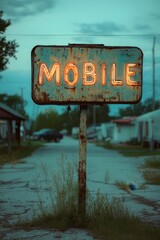 Vintage Neon Sign Illuminating a Rustic Mobile Home Park at Dusk Amidst a Tranquil Rural Setting with Mobile Homes and Aged Asphalt Pathway