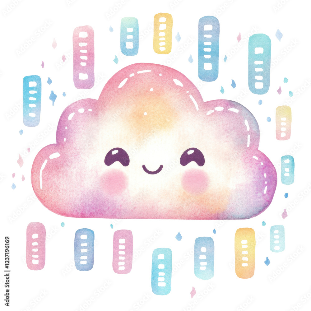 Cute kawaii cloud with smiling face and pastel colors on transparent ...