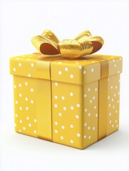 Poster - Yellow gift box with white polka dots and golden ribbon bow on white background