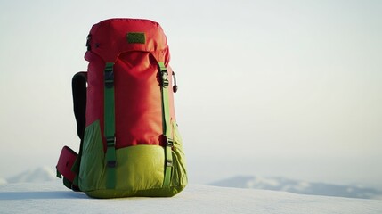 A colorful, multi-colored outdoor backpack with straps and buckles, suitable for hiking and travel in rugged terrain.