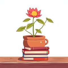 Poster - an image of a flower pot with a flower on top of books, there is a flower in a pot on top of a stack of books