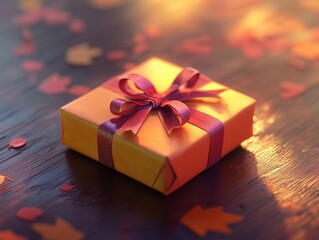 Poster - Festive gift box with ribbon surrounded by autumn leaves on wooden surface