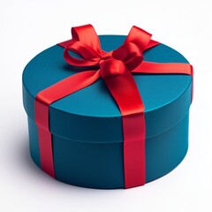 Wall Mural - Elegant round blue gift box with red satin ribbon bow on white background