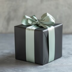 Wall Mural - Elegant black gift box with sophisticated gray ribbon and bow on subtle textured background