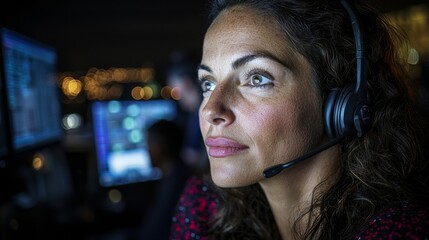 Poster - a female in a technical support team provides instructions while wearing headphones. behind her, col