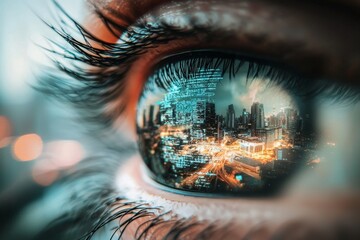 Poster - Stock  A stock image showcasing futuristic robot eye technology with a blue digital iris