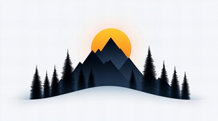 Wall Mural - Silhouette of mountains and pine trees at sunset. Minimalist winter landscape illustration.