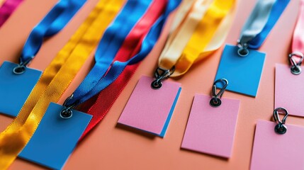 Poster - Business networking concept with multiple blank name tags and lanyards.