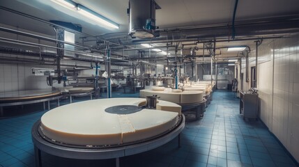 Poster - Industrial cheese-making facility with large vats of milk being processed.