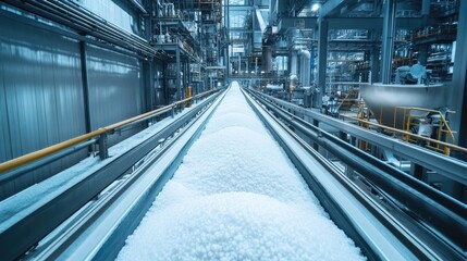 Poster - Large-scale sugar refinery with conveyor belts moving raw sugar.