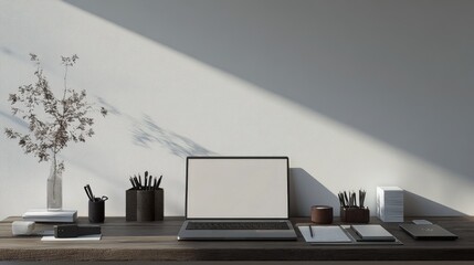 Poster - Minimalist workspace with a modern laptop and office supplies on a white background.