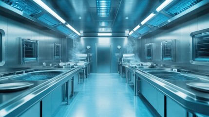 Poster - Modern food processing plant with stainless steel machinery and conveyor belts.