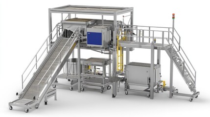 Poster - Modern food processing plant with stainless steel machinery and conveyor belts.