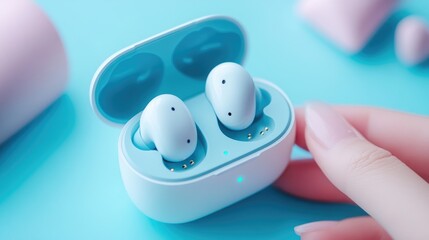 Poster - Wireless earbuds in a charging case with LED indicators on a pastel blue surface.