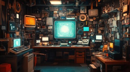 Retro futuristic control room with vintage computers and bright central screen display