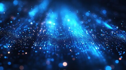 Poster - glowing blue particle wave abstract background with shimmering light effects and bokeh