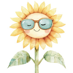 Cute sunflower with smiling face and sunglasses isolated png