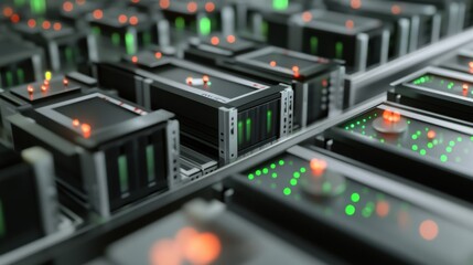Poster - Modern server farm processing big data with innovative technology, featuring rows of servers with blinking green and orange lights, representing the power of modern computing and data centers