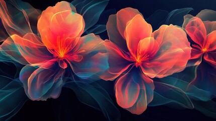 Poster - vibrant abstract flowers with glowing petals on dark background