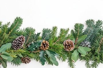 Wall Mural - A white background with a green and brown Christmas tree with pine cones. The pine cones are in various sizes and are scattered throughout the tree