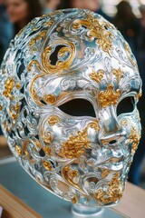 Wall Mural - a gold and silver mask with gold flowers and gold trim. the mask is on a stand. the mask is ornate a