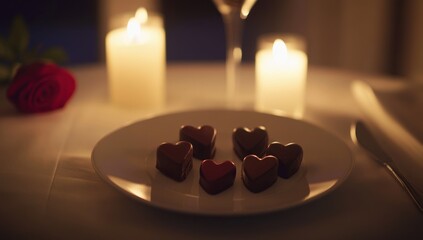 Wall Mural - A romantic dinner by candlelight, complete with red roses and heart-shaped chocolates