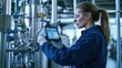 © LorelEino - An industrial hygienist in a chemical plant conducting air quality tests, with industrial pipes and safety equipment visible in the chemical processing facility, Chemical plant air quality scene