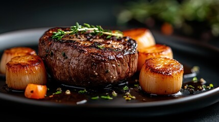 A beautifully grilled steak at the center, surrounded by golden seared scallops, highlighting a sumptuous meal perfect for food enthusiasts and culinary experts alike.