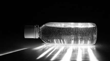 Poster - Water bottle on a reflective surface illuminated by soft light creating striking shadow patterns