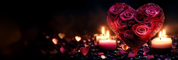 Wall Mural - A Valentine's Day display of roses, heart-shaped decorations, and candles for a romantic touch