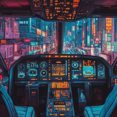 Wall Mural - A cyberpunk aircraft cockpit offers a view of a futuristic cityscape