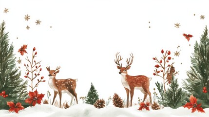 Naklejka na meble Winter scene with two deer amidst snowy trees and falling snowflakes