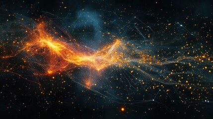Poster - dynamic abstract digital art with glowing orange particles and interconnected lines on dark backgrou