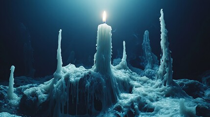 Poster - Mysterious candle surrounded by melting wax formations in a darkened space creates an ethereal atmosphere
