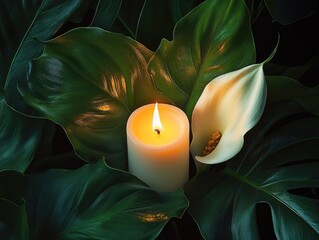 Wall Mural - A candle is lit on a leafy green plant. The candle is surrounded by a leafy green plant, which is illuminated by the candle's light. The scene creates a peaceful and calming atmosphere