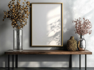 Wall Mural - Decorative vases with flowers on wooden console table. Home decor and interior design elements with golden frame on the wall. Interior design with decorative vases and dried flowers