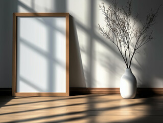 Wall Mural - Vase with dried branches stands near frame on wooden floor. Interior decor with sunlight and shadows on the wall. Home design with minimalist style