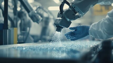 Poster - In a modern factory, a robotic arm pouring small, transparent objects onto a surface while an engineer in protective gear observes the automated production process
